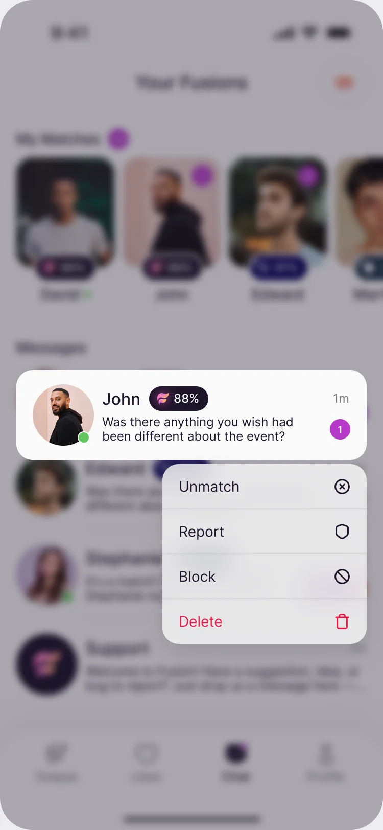 A chat row with a menu: Unmatch, Report, Block and Delete
