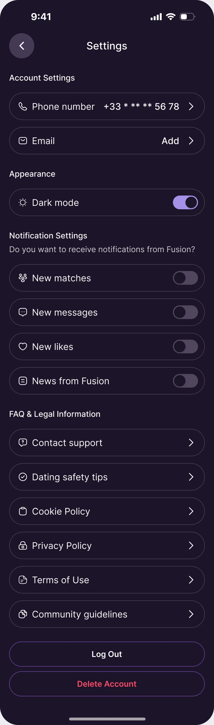 The same Settings in dark mode, with the dark mode switch on