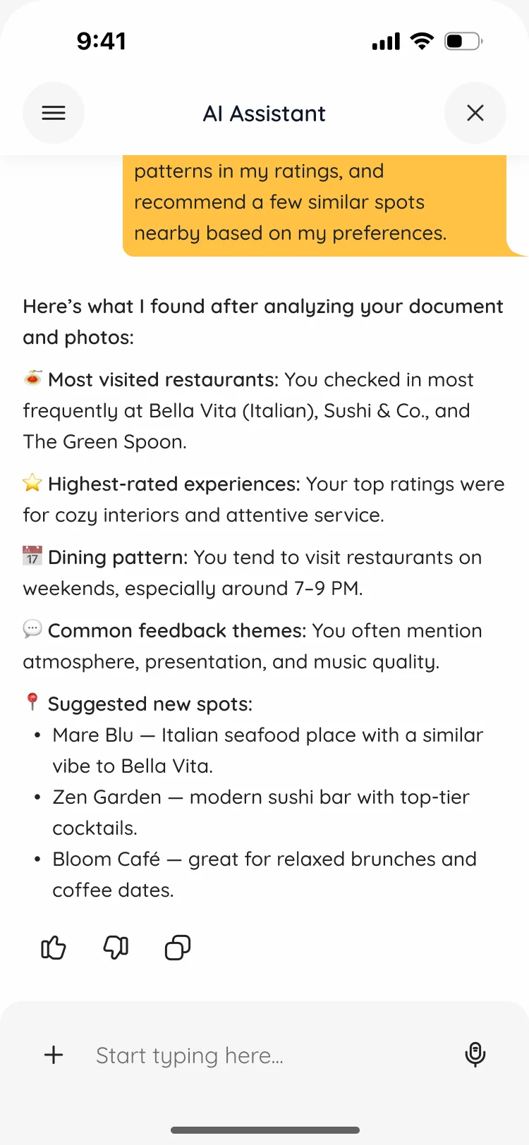 AI Assistant answer listing the most visited restaurants, the highest-rated experiences, the dining pattern, common feedback themes and suggested new spots