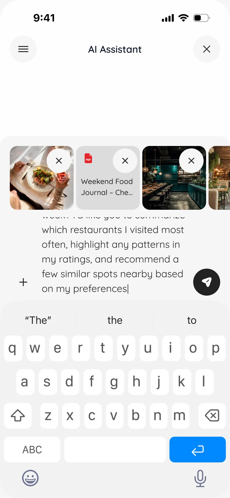 AI Assistant with three photos and a PDF of weekend check-ins attached, and a question asking which restaurants were visited most and for similar places nearby