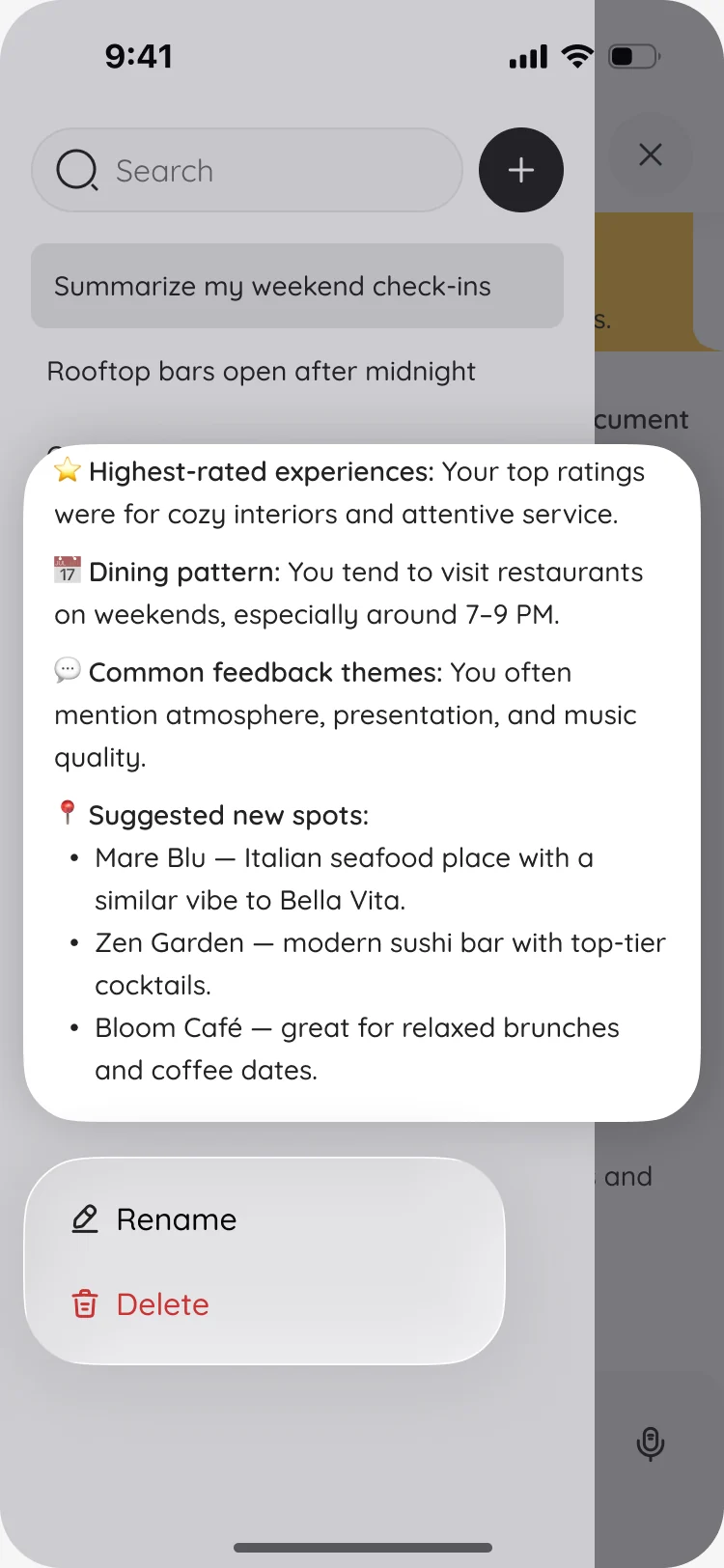 AI Assistant history with a list of past chats, one opened as a preview with Rename and Delete actions