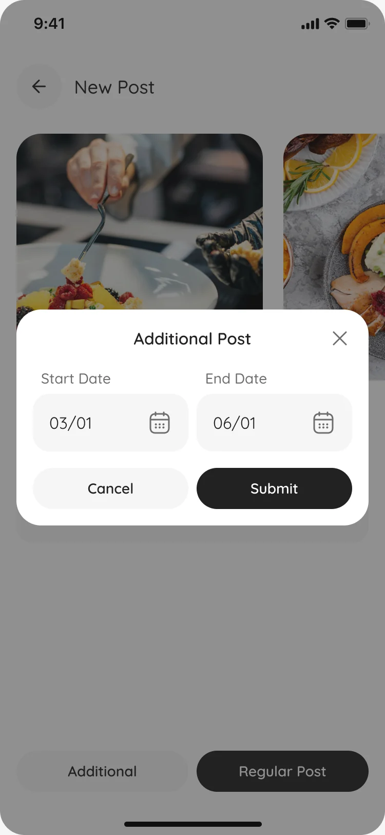 New Post with the Additional Post dialog and a start and end date