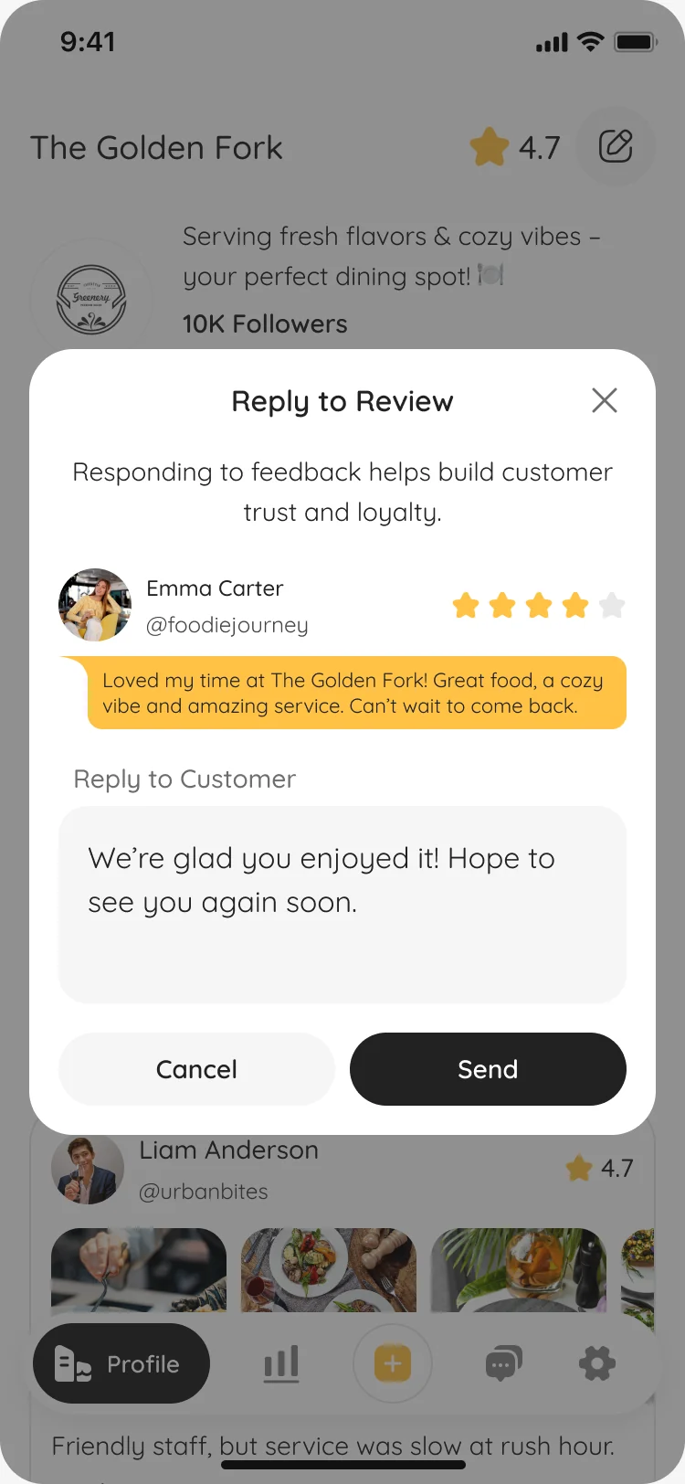 Reply to Review dialog over The Golden Fork’s reviews, with the diner’s review and a written reply