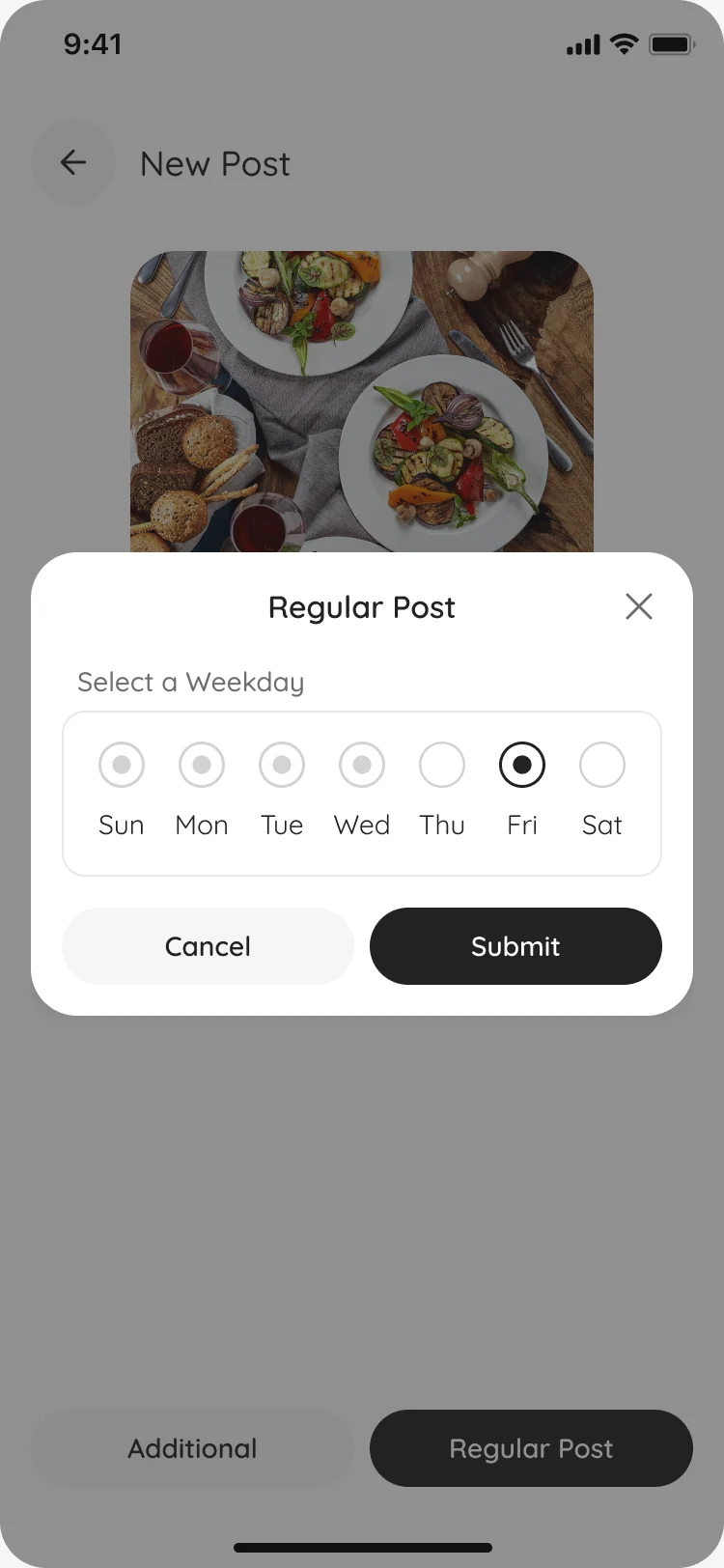 New Post with the Regular Post dialog and Friday selected as the weekday