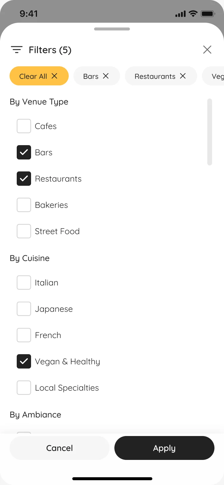 Feed filters with bars, restaurants and vegan and healthy selected, grouped by venue type, cuisine and ambiance