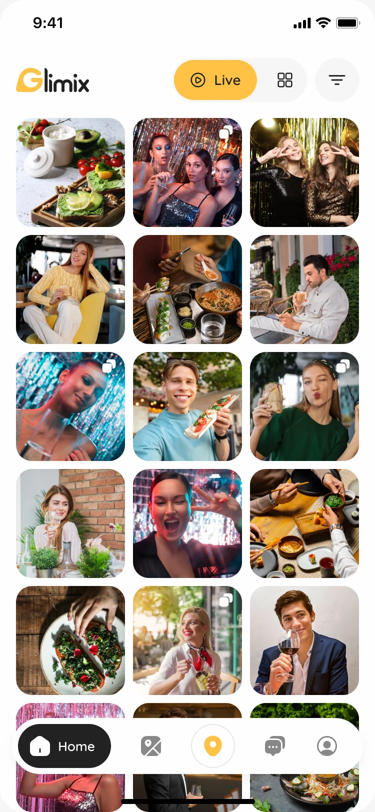 The Live tab of the feed, a grid of photos posted from venues