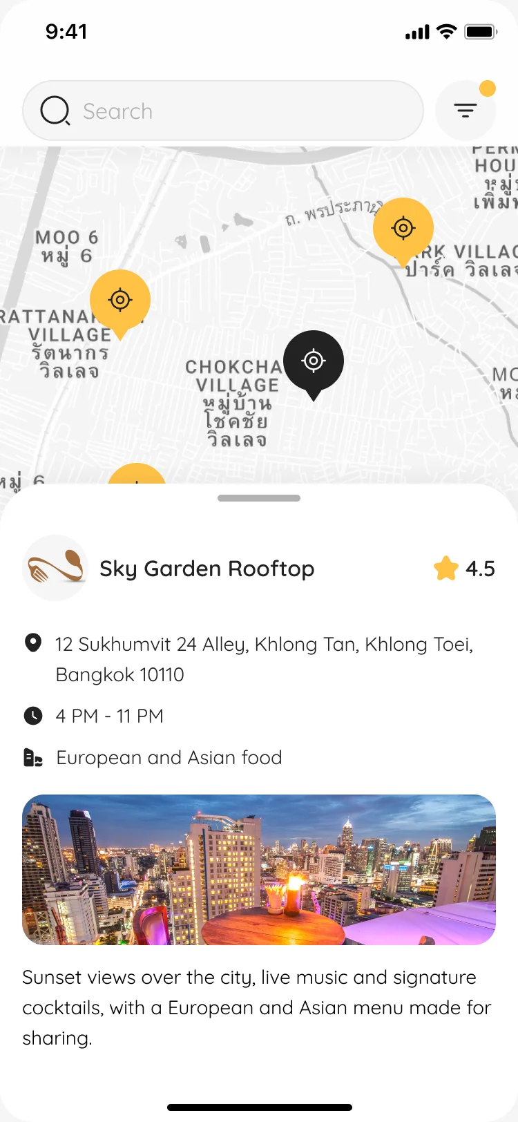 Map with Sky Garden Rooftop selected: its rating, address, opening hours, cuisine, a photo and a description