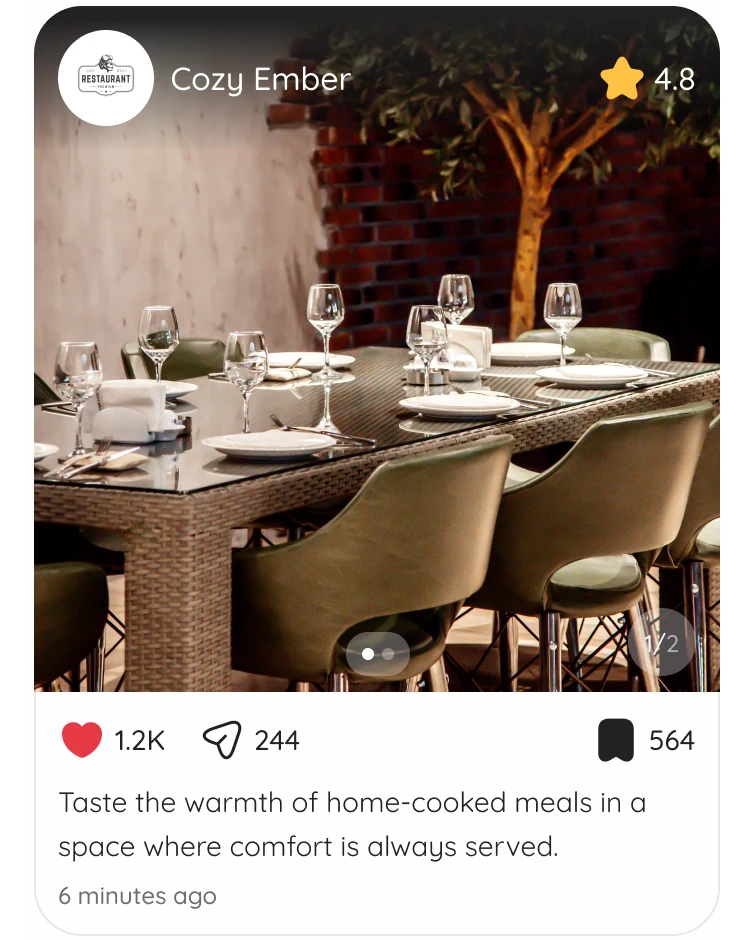 Feed post card from Cozy Ember: logo, name and rating over the photo, then likes, shares, saves and the caption