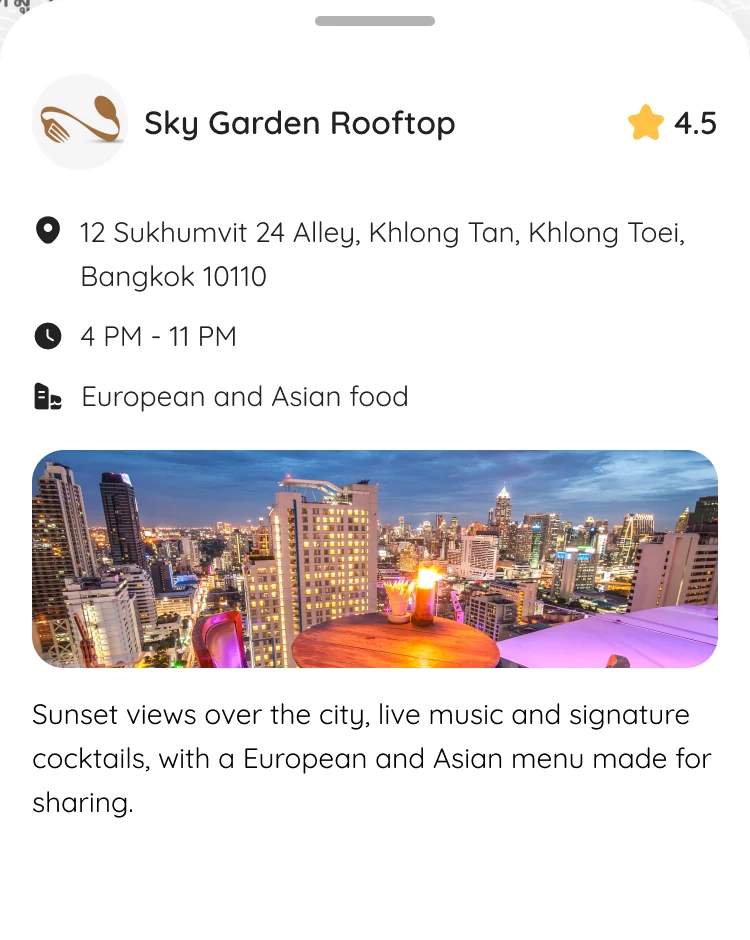 Map card for Sky Garden Rooftop: logo, name and rating, then address, hours, cuisine, a photo and a description