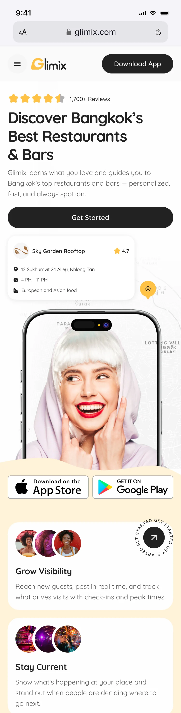 The Glimix landing page on a phone: the headline, a venue card, the app, store badges and cards for venues