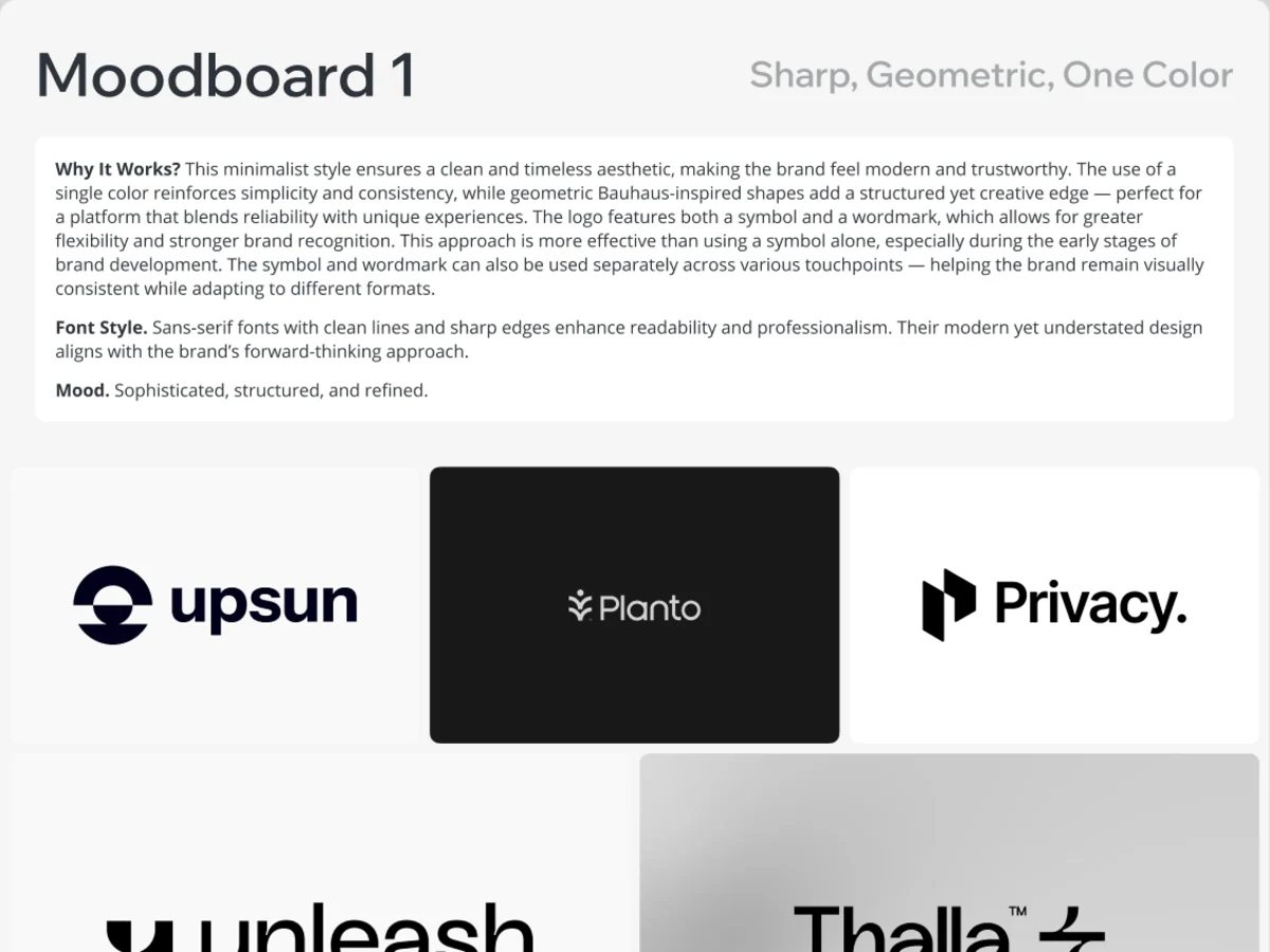 Logo moodboard: sharp geometric wordmarks in one colour, with the reasoning above