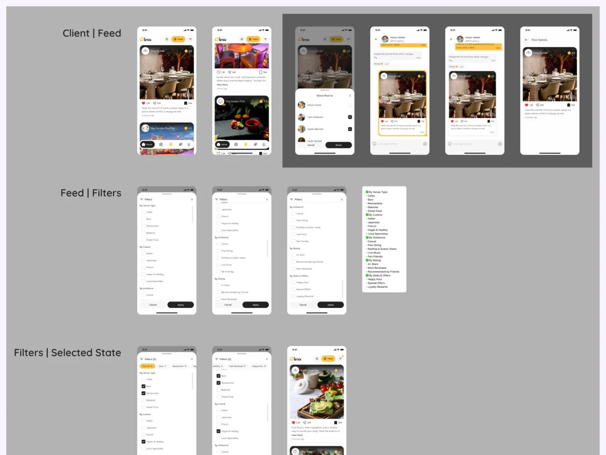 Screens organised by flow for handoff: the feed, its filters, the selected state and the live tab