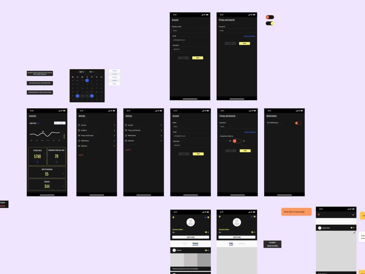 The earlier Glimix app laid out for review: its dark analytics, settings and profile screens with notes on what each was missing
