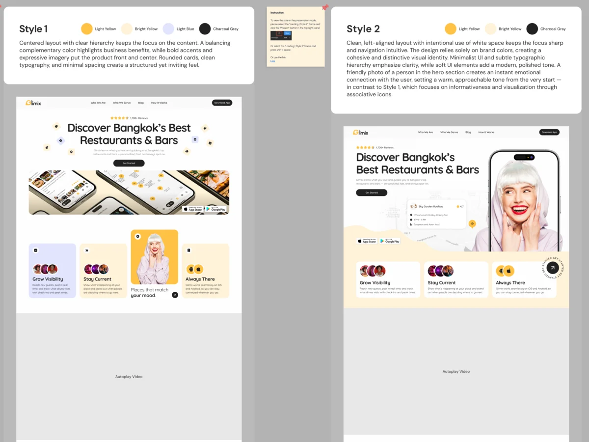 Two landing page styles side by side, a centred layout and a left-aligned one, each with its palette and reasoning
