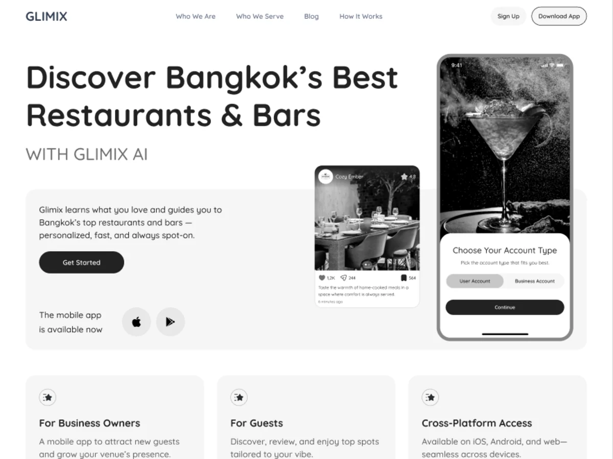 Grey wireframe of the landing page: the hero with the app, audience cards and a video block