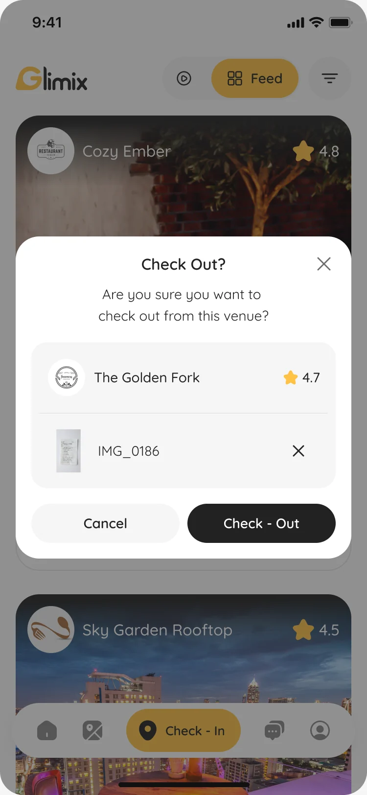 Check-out dialog with the receipt photo attached and the Check-Out button