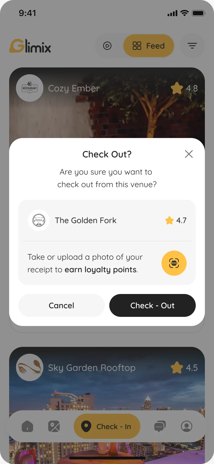 Check-out dialog for The Golden Fork with an option to take or upload a photo of the receipt to earn loyalty points