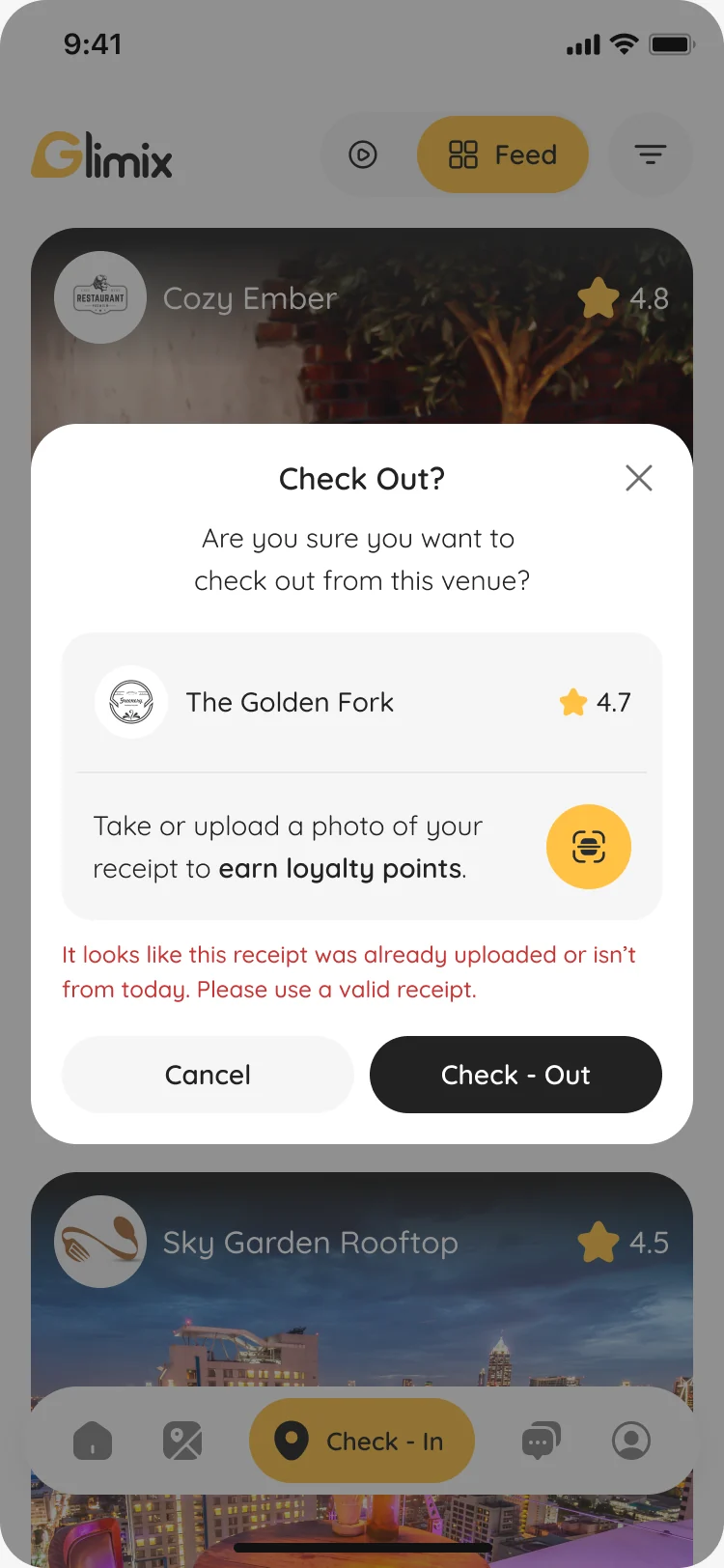 Check-out dialog with an error saying the receipt was already uploaded or is not from today