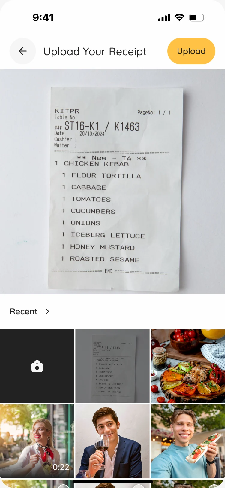 Upload Your Receipt screen with a photo of a restaurant receipt and recent photos below