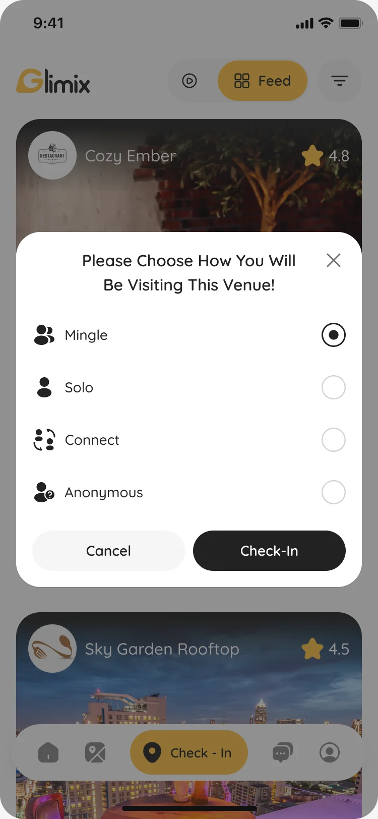Check-in dialog asking how the visitor will be visiting the venue: Mingle, Solo, Connect or Anonymous