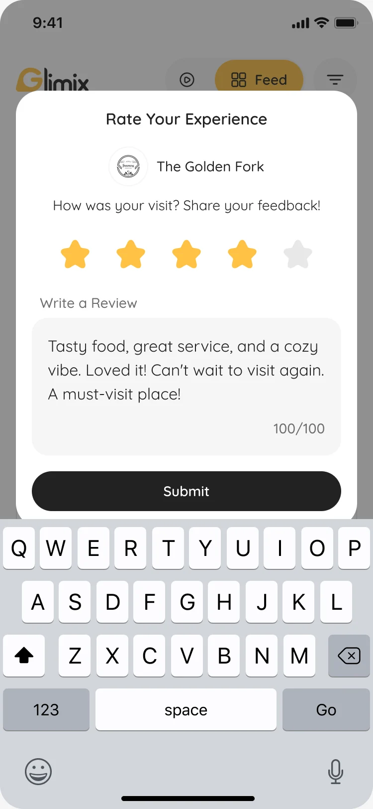 Rate Your Experience for The Golden Fork: four stars and a short written review