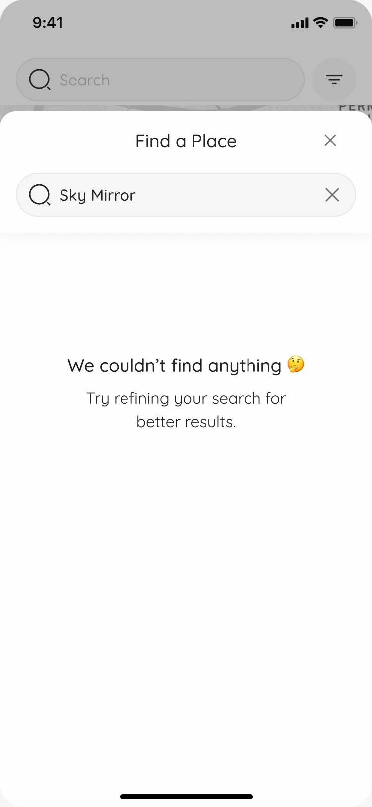 Find a Place with no results for a search and a hint to refine it