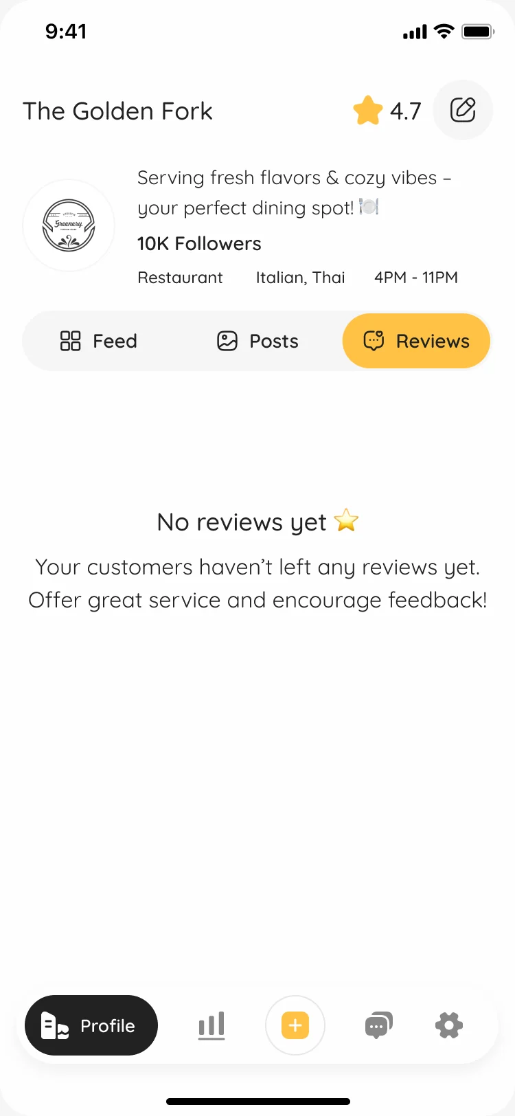 A venue’s Reviews tab with no reviews yet and a note on encouraging feedback