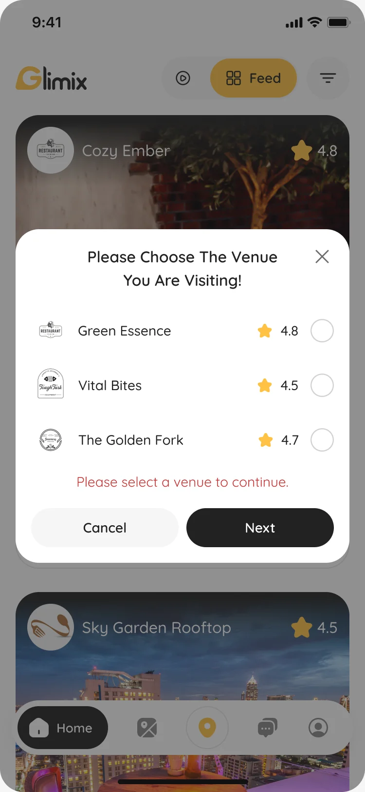 Check-in dialog asking to choose the venue, with an error to select one before continuing