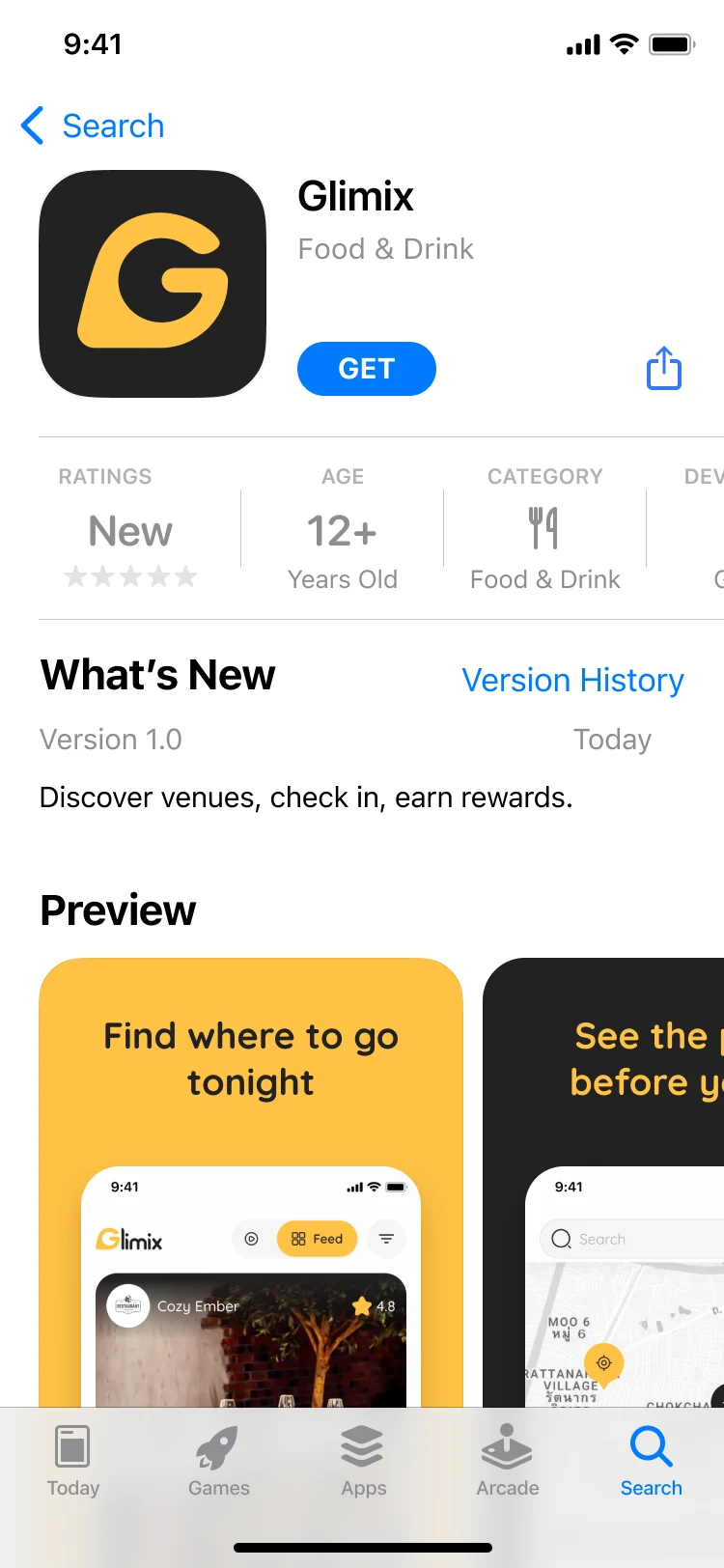 Glimix App Store listing: the G icon, the Food & Drink category and the store screenshots