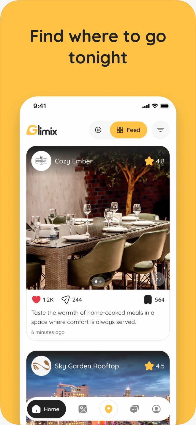 Store screenshot on yellow: “Find where to go tonight” over the feed
