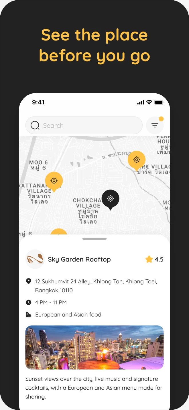 Store screenshot on charcoal: “See the place before you go” over a venue card on the map