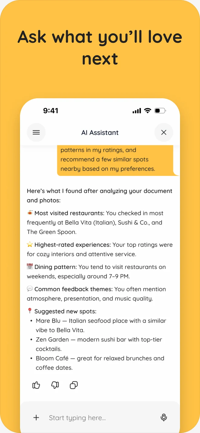 Store screenshot on yellow: “Ask what you’ll love next” over the AI Assistant answer