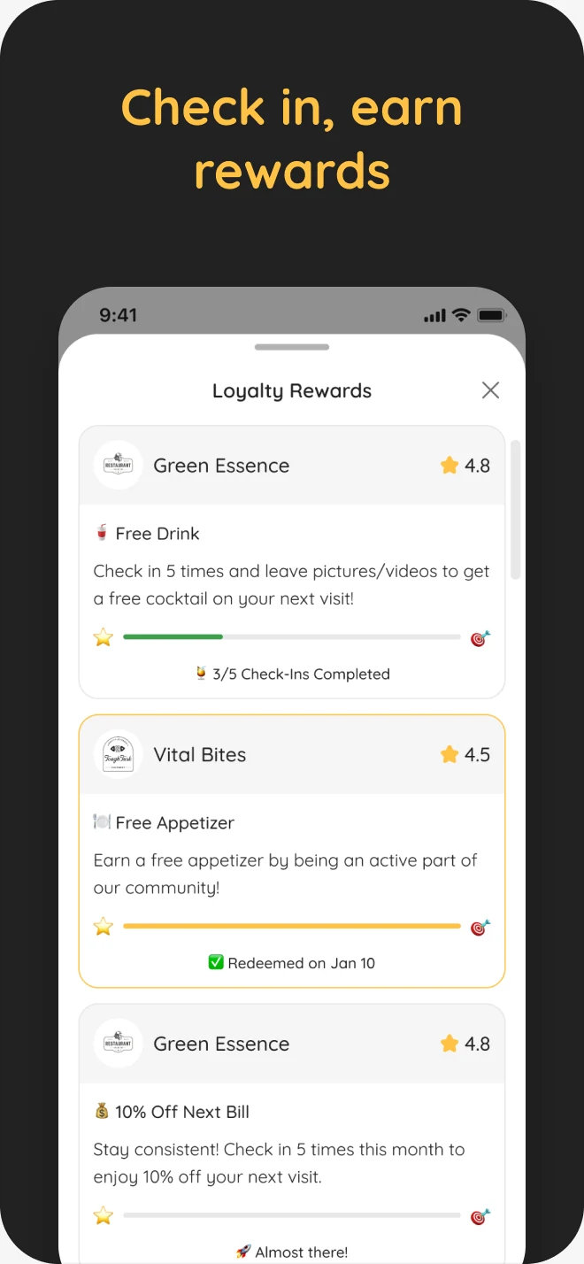 Store screenshot on charcoal: “Check in, earn rewards” over the loyalty rewards