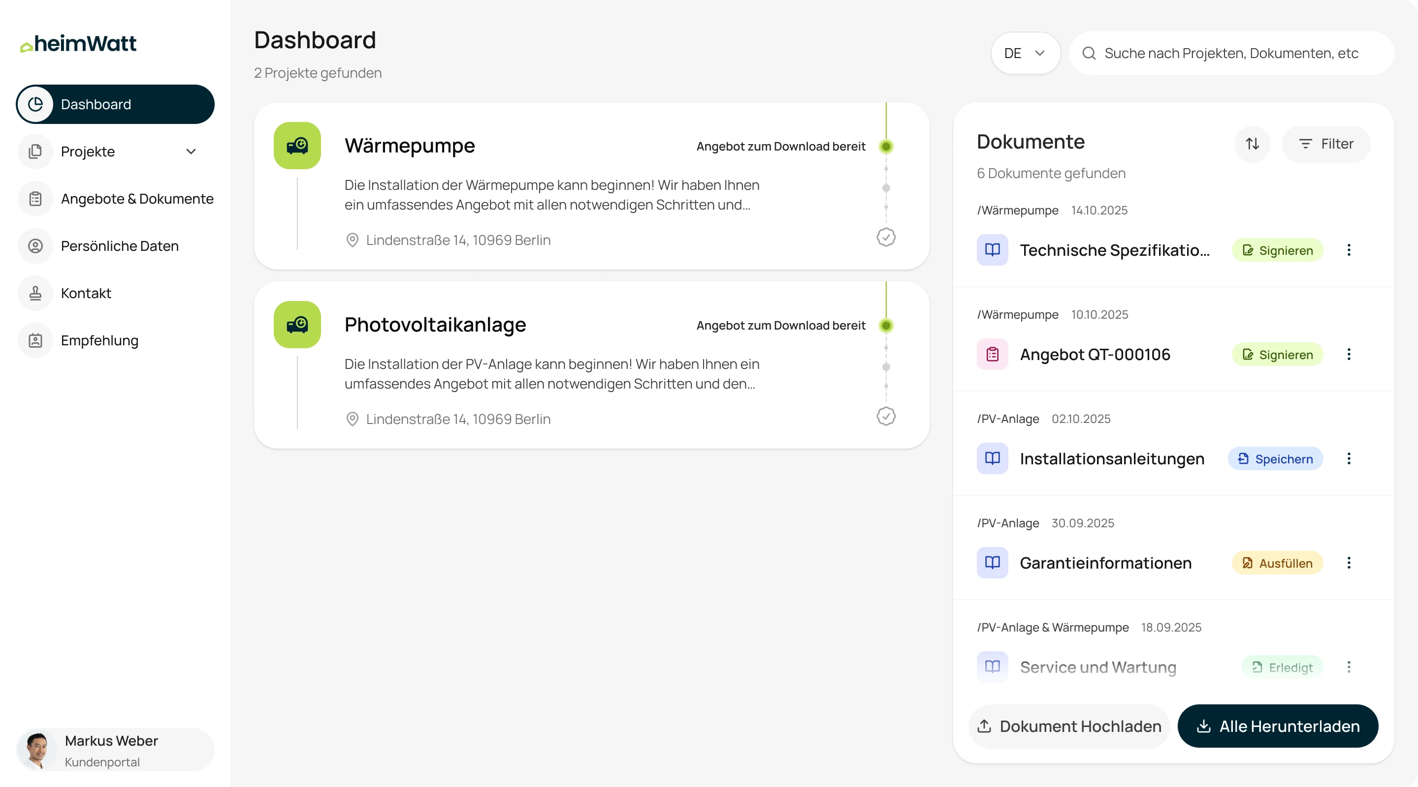 The German dashboard: heat-pump and photovoltaic project cards with a quote ready to download, and six documents with their status