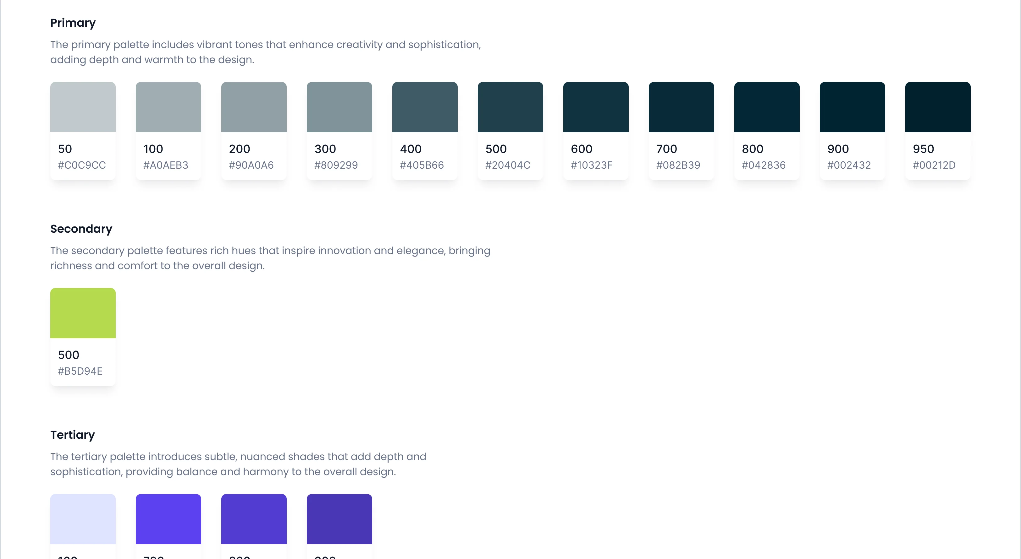 The design system’s colour page: a dark teal primary scale from 50 to 950, the lime secondary and the violet tertiary tones