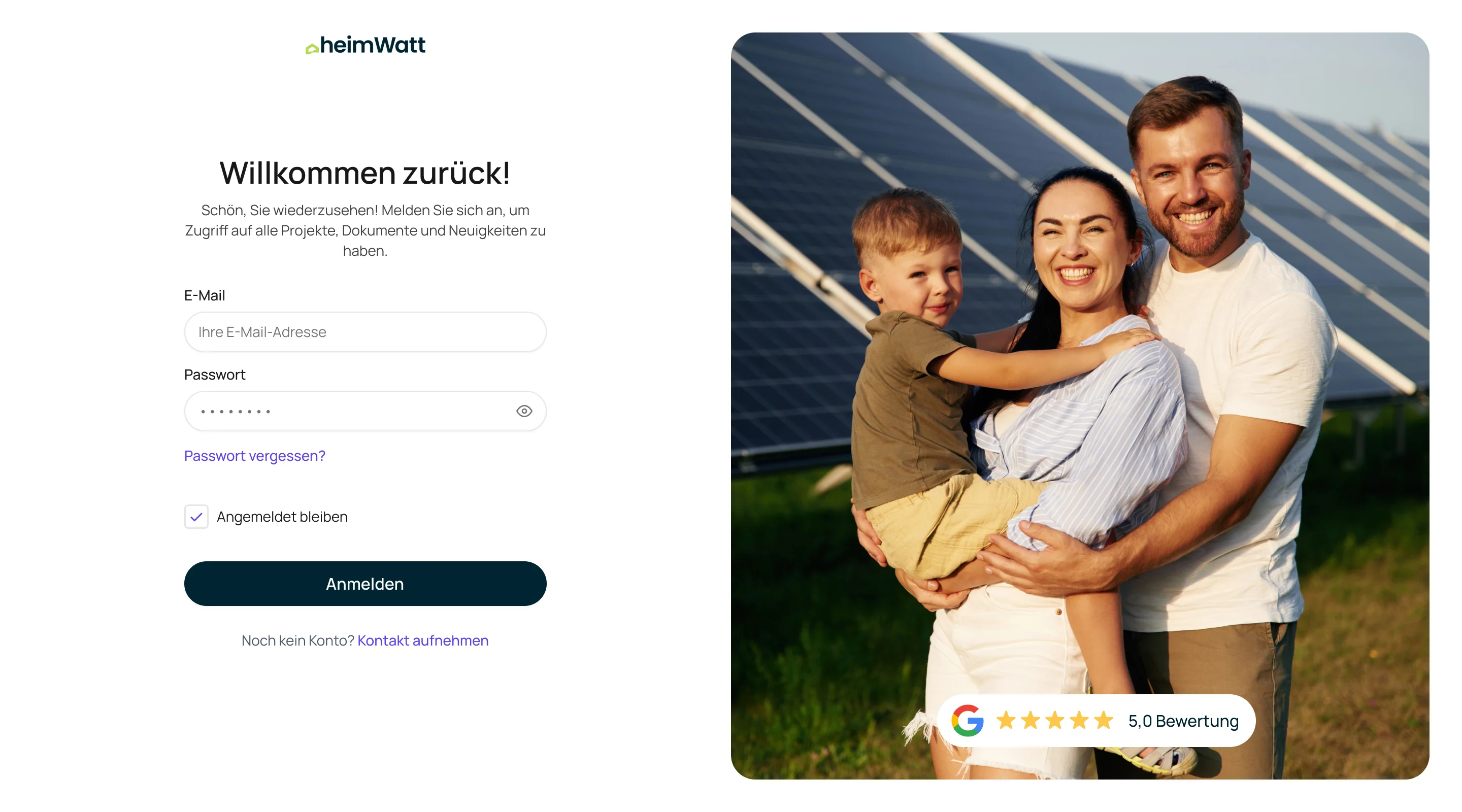 The German sign-in screen with email and password beside a photo of a family in front of solar panels, and a link to get in touch instead of signing up