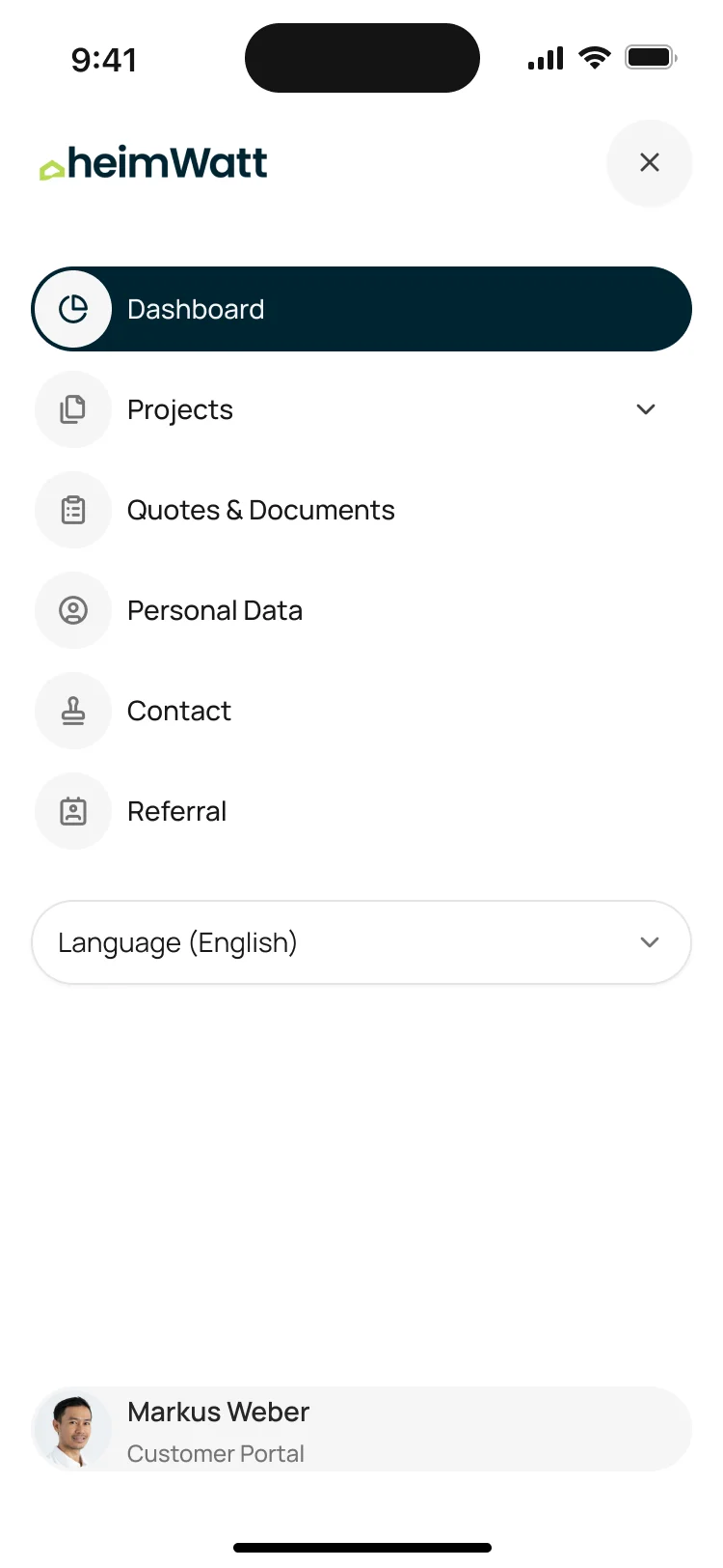 The portal’s phone menu: dashboard, projects, quotes and documents, personal data, contact, referral and a language selector
