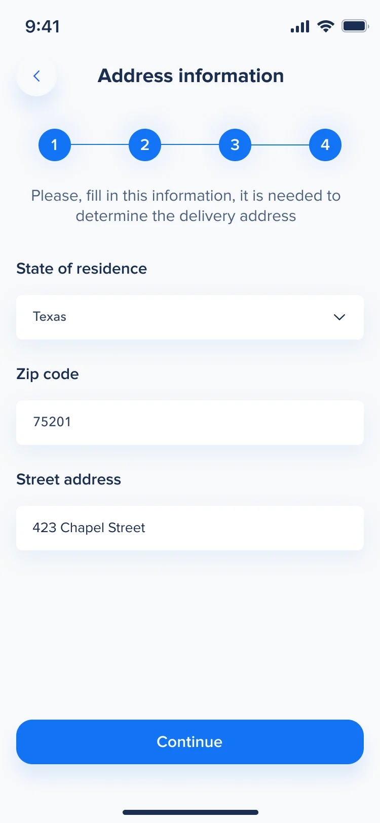 Hike form step 4 of 4: state of residence, zip code and street address, with a note that they are needed for delivery