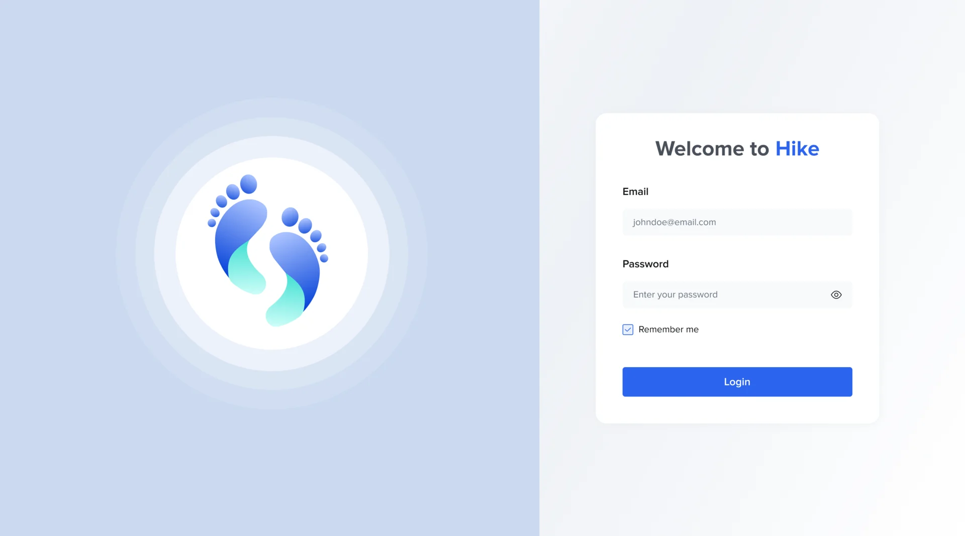 Hike HR admin sign-in: Welcome to Hike with email and password beside the footprint mark