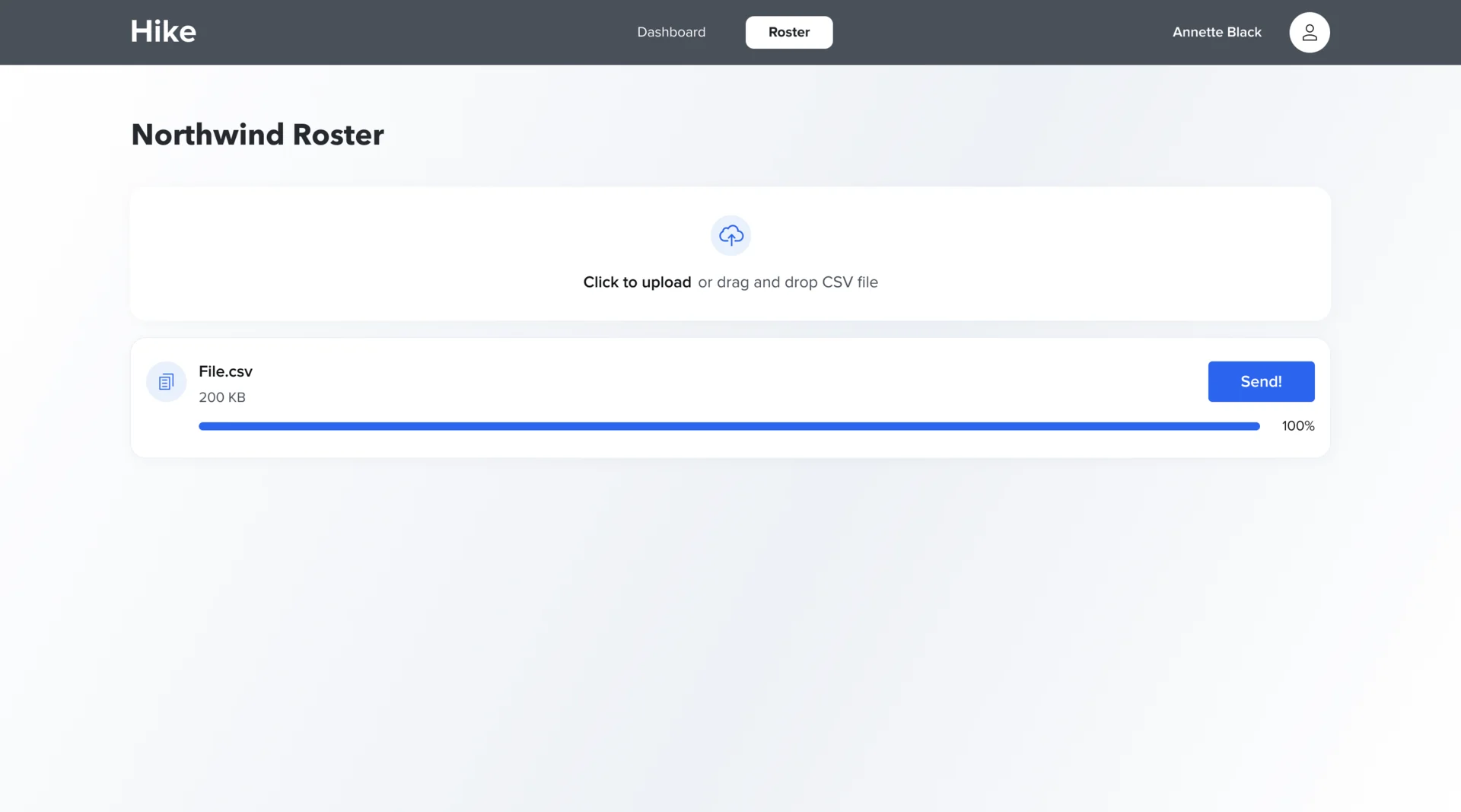 Hike HR admin roster: a CSV file uploaded to 100 percent with Send! enabled