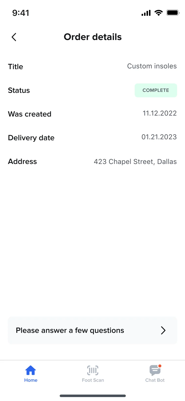 Hike order details: custom insoles, status complete, created and delivery dates and the address