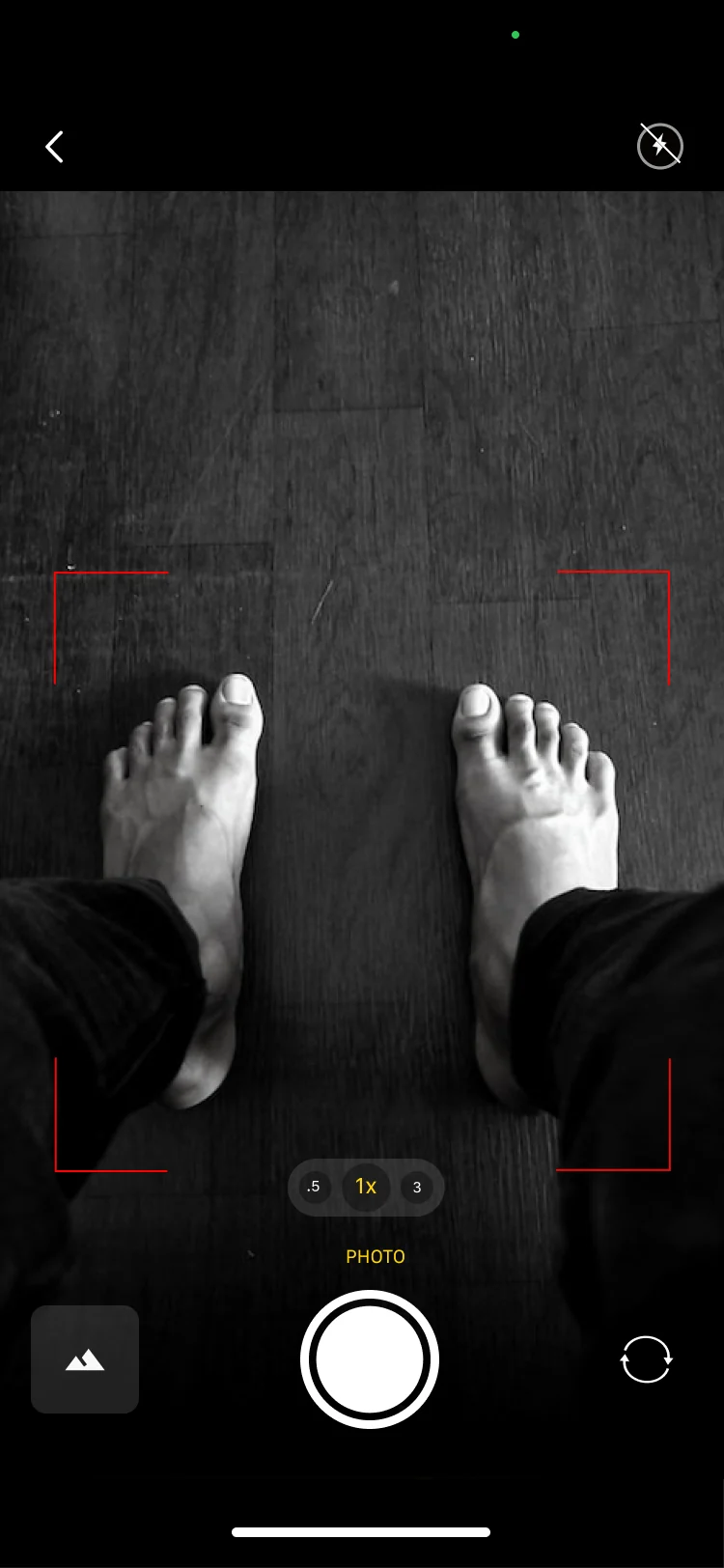 Hike camera in photo mode with red corner guides around both feet on the floor