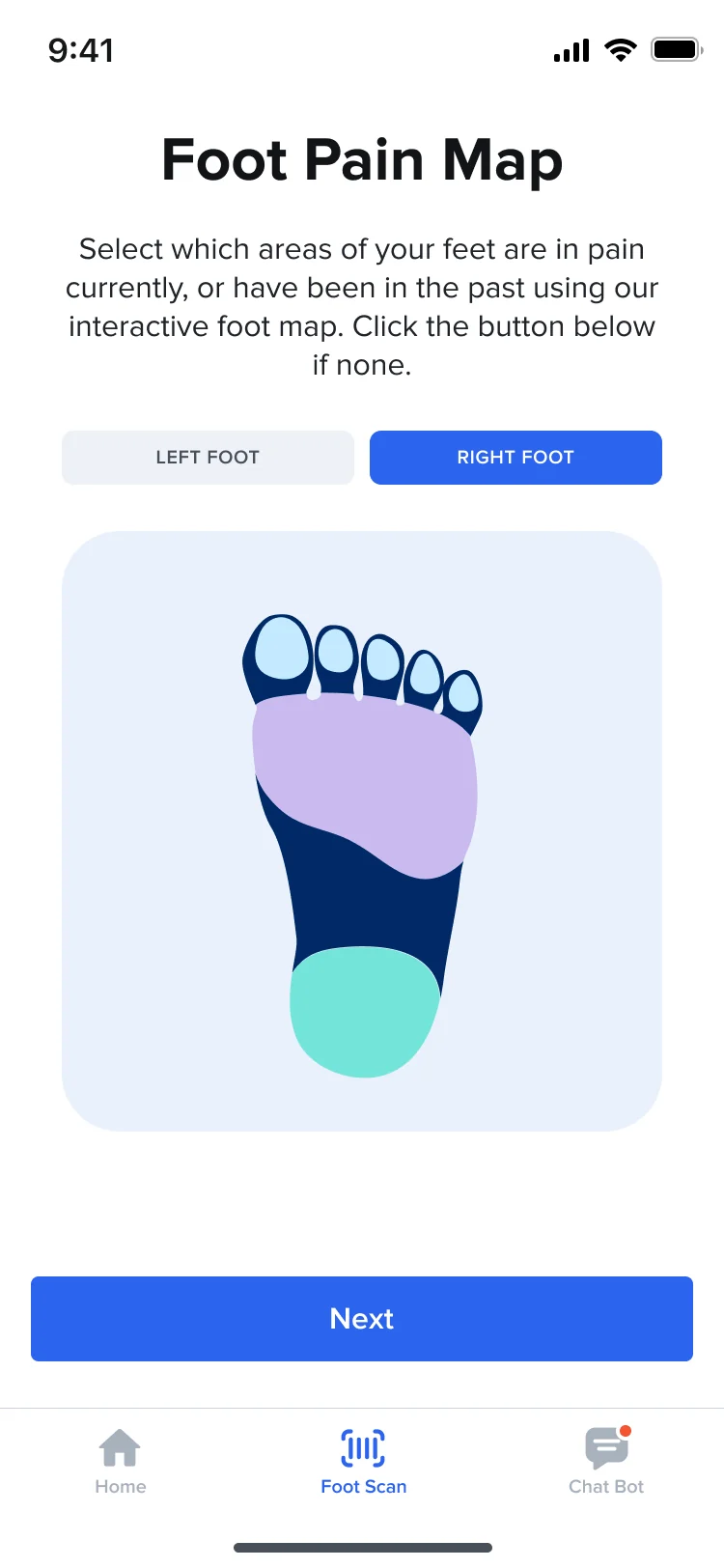 Hike foot pain map: choose the left or right foot and tap the areas of the sole that hurt, then Next
