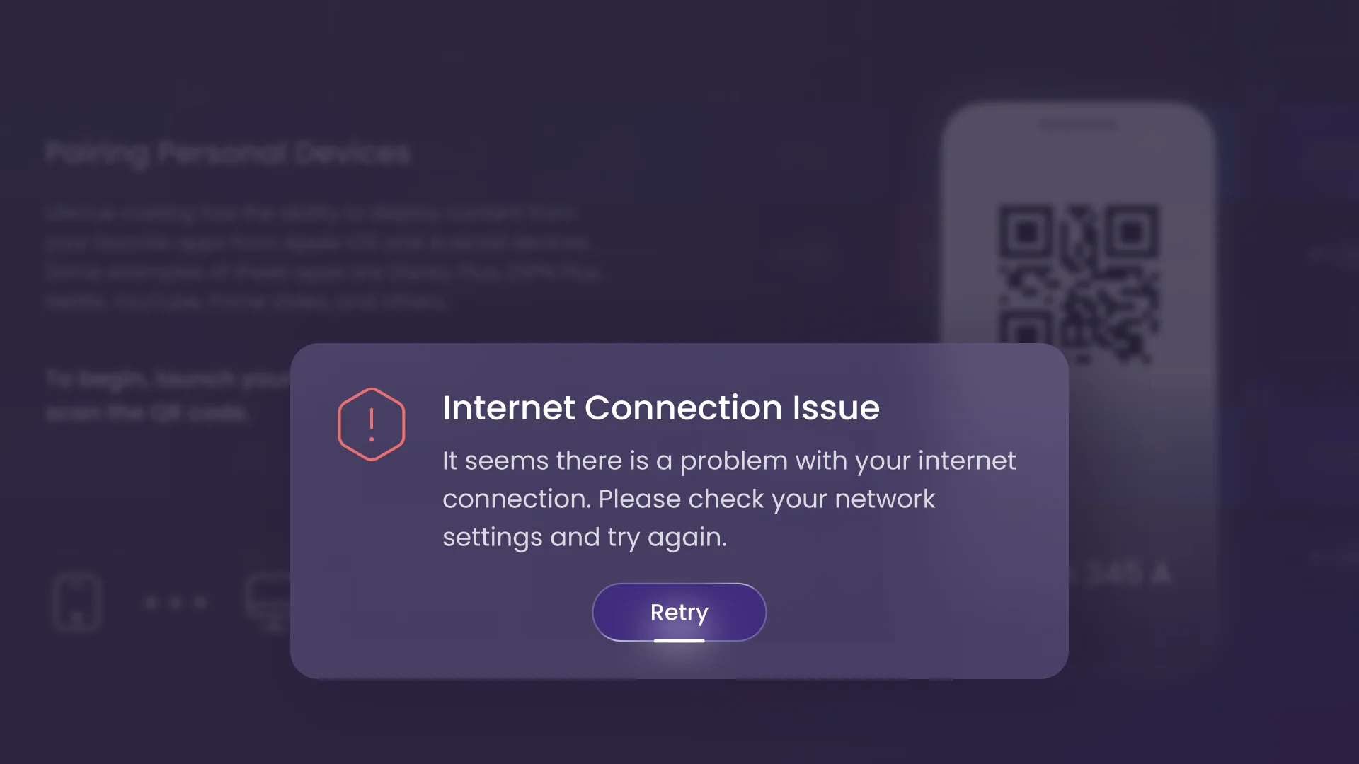 LifeVue dialog Internet Connection Issue: a line to check the network settings and a Retry button