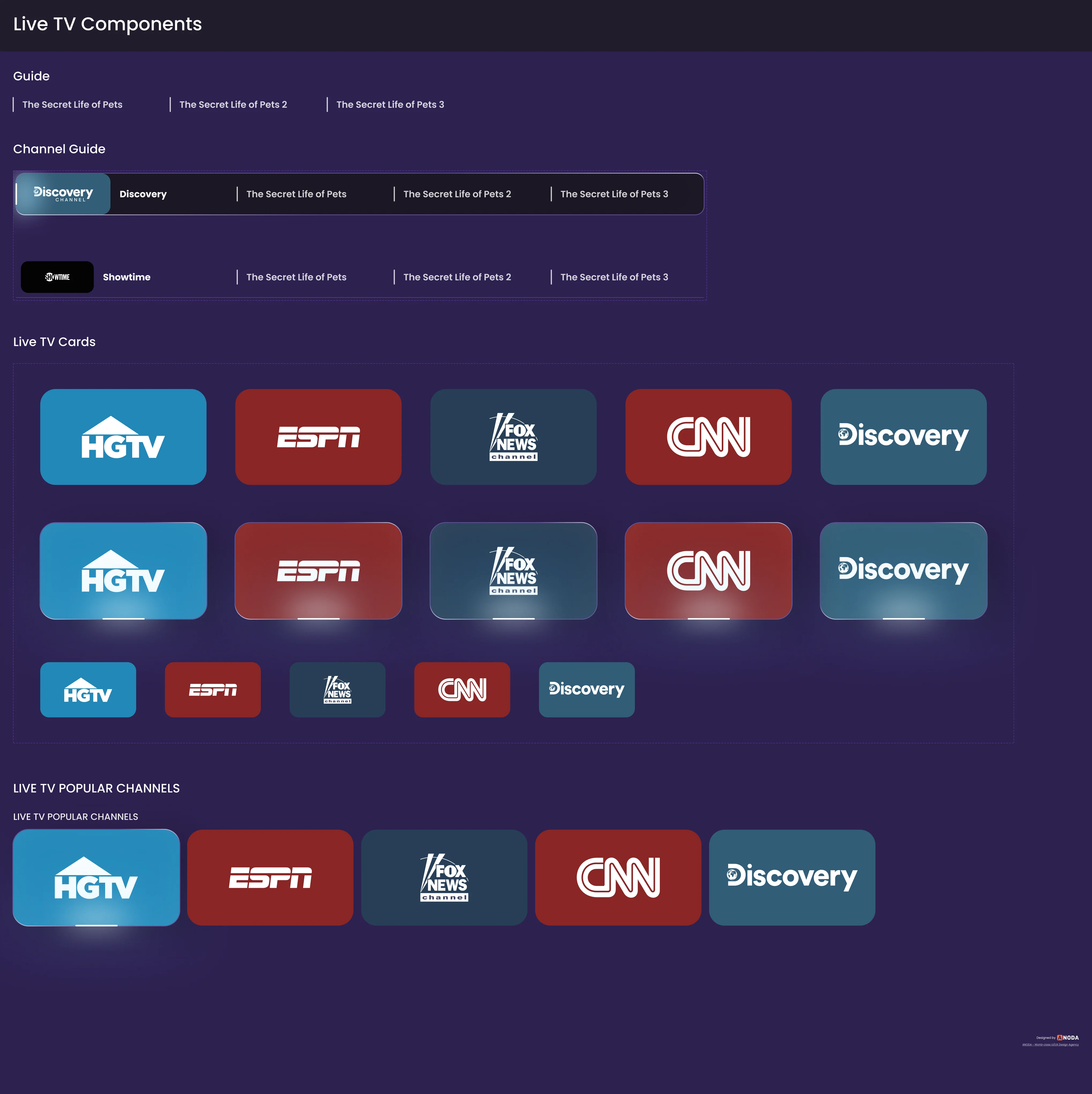 LifeVue design system, Live TV Components: the guide rows, and channel cards for five channels by default, in focus with an underline and in a small size