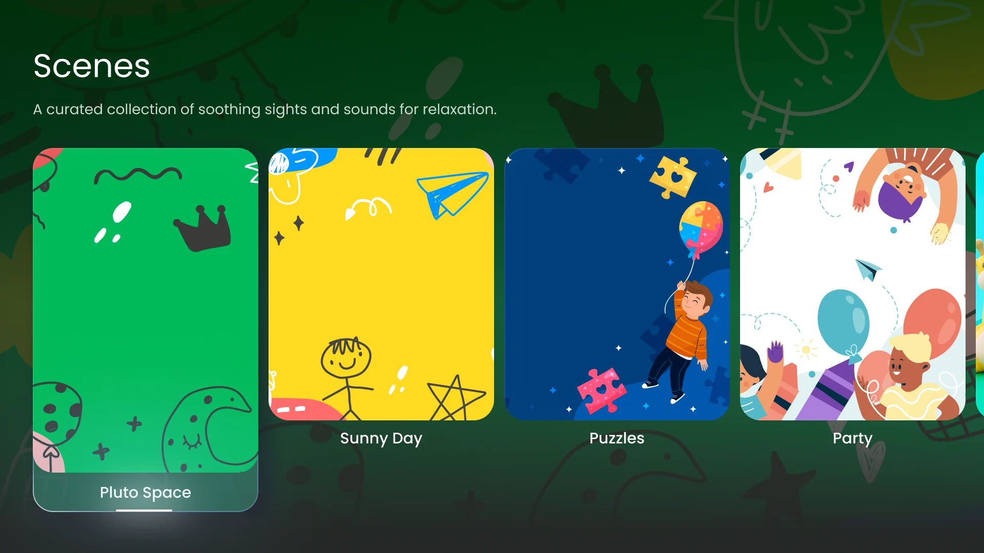 LifeVue Kids Scenes: colourful illustrated tiles, Pluto Space, Sunny Day, Puzzles and Party
