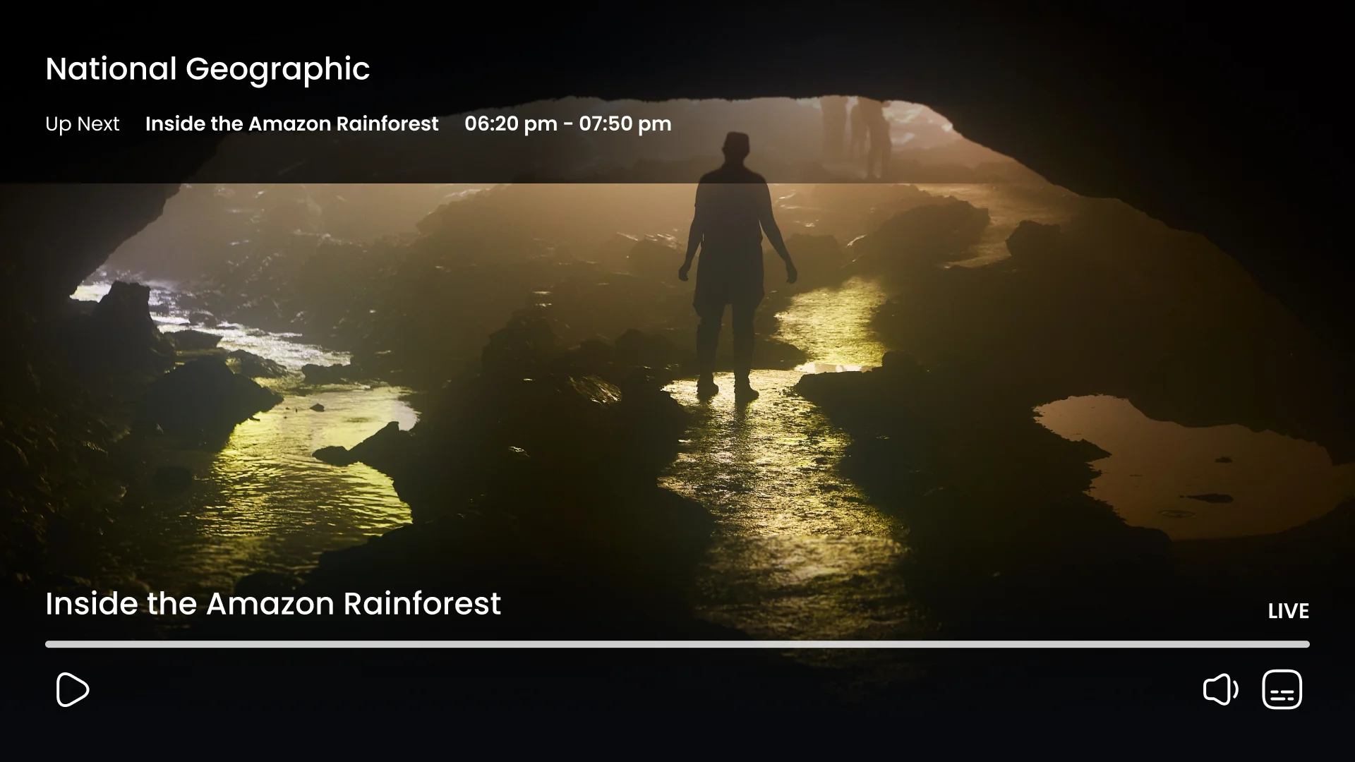 LifeVue live channel paused: a full-screen National Geographic programme with the title, what is on next and a slim bar of play, volume and subtitles controls