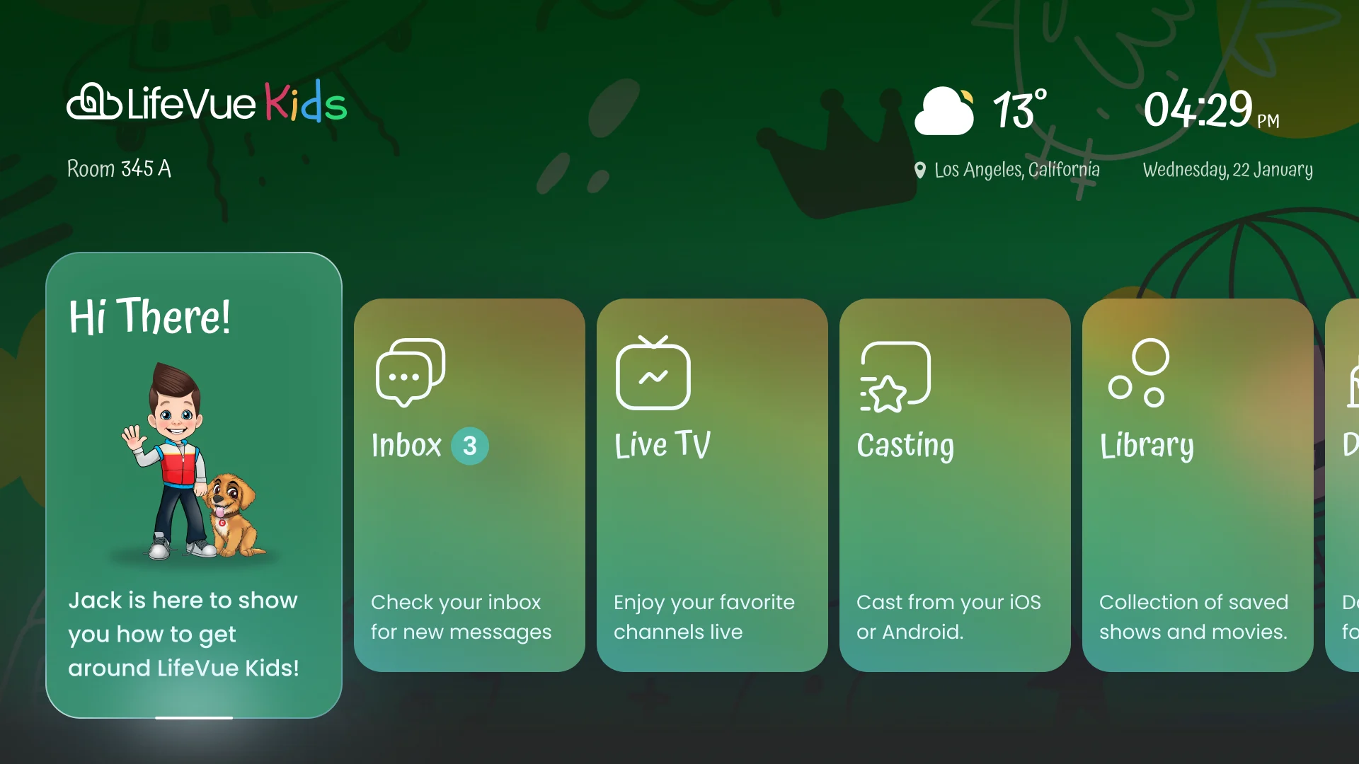 LifeVue Kids home hub: a green scene with a mascot named Jack on the Welcome card