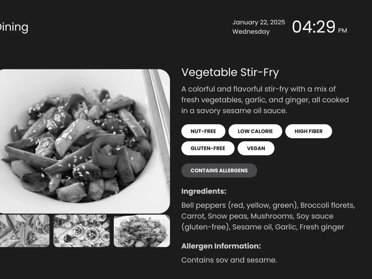 Dining wireframe in grayscale: a column of dishes, a large photo and the dish description with allergen tags
