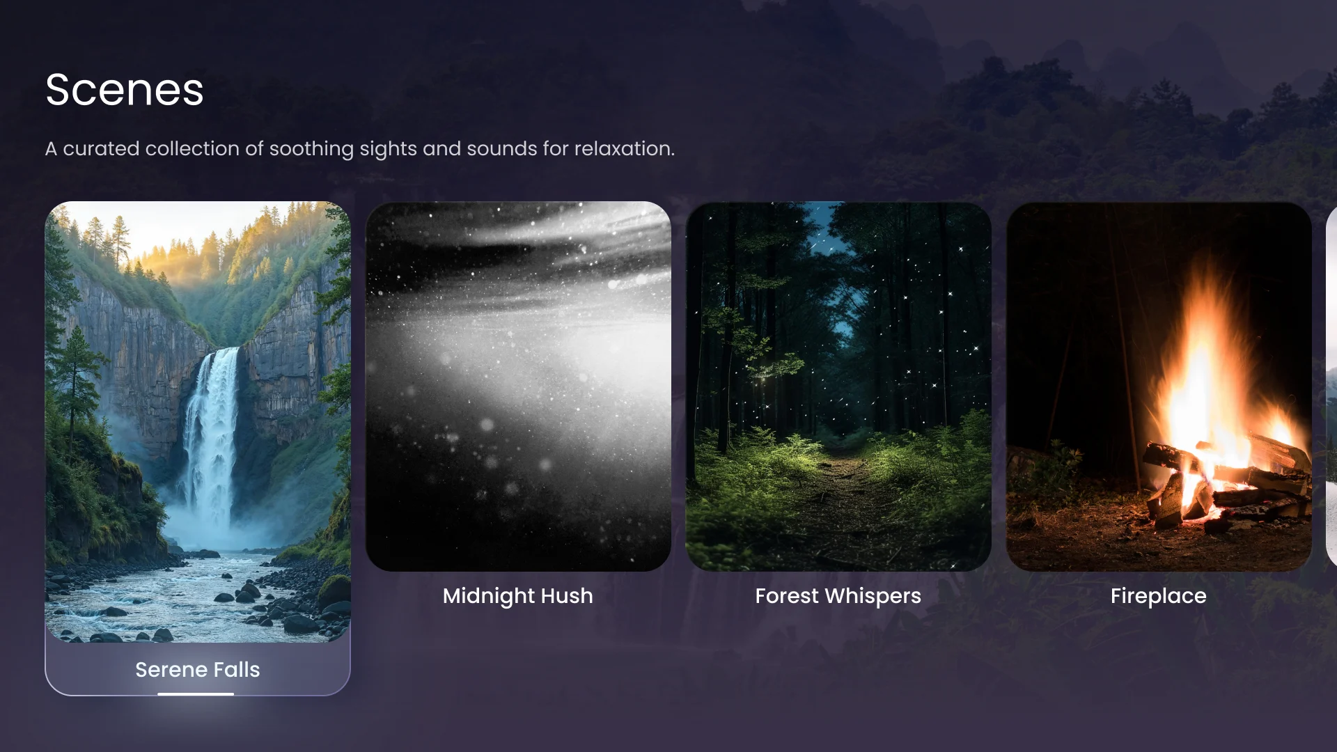 LifeVue Scenes: a curated collection of soothing sights and sounds, with tiles for Serene Falls, Midnight Hush, Forest Whispers and Fireplace